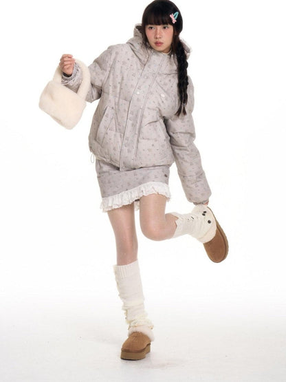 BETWEENAND Gray Full Print Lace Hooded Women&
