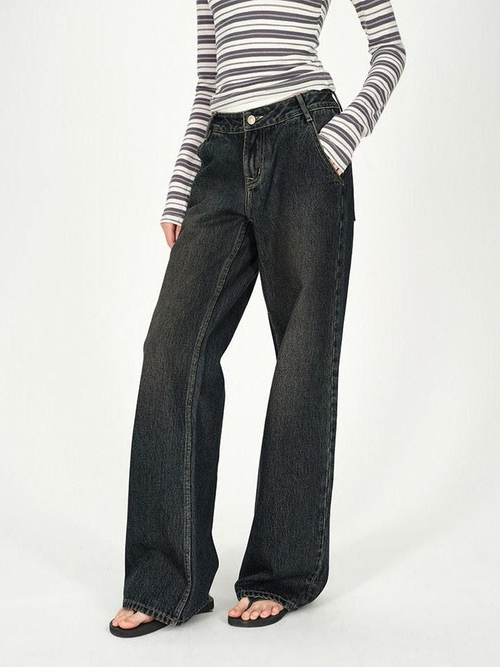 AFTADAWN Dark Washed Distressed Low Rise Women&
