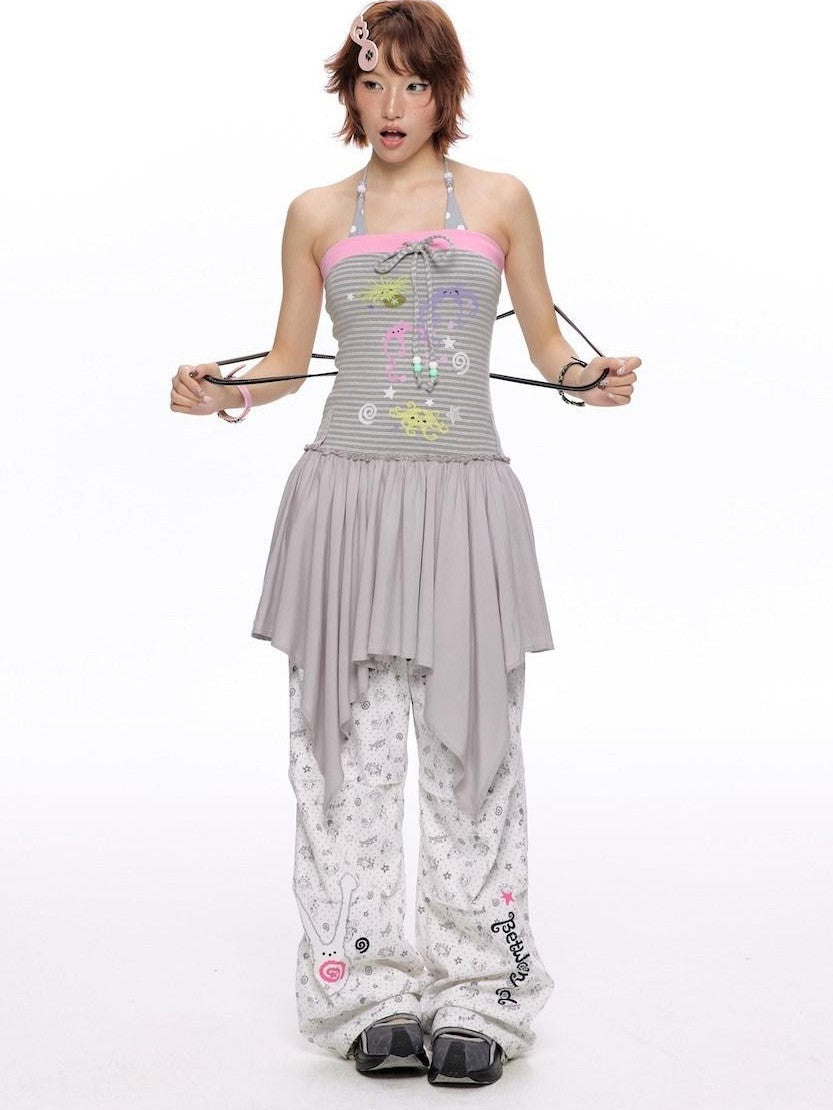 BETWEENAND Gray Pink Striped Bustier Asymmetrical Women&