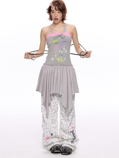 BETWEENAND Gray Pink Striped Bustier Asymmetrical Women&