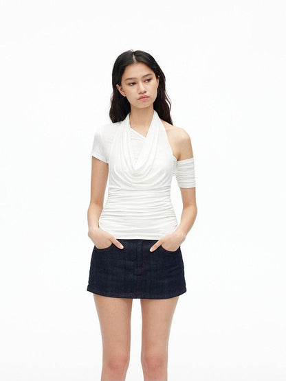 AFTADAWN Solid Ruched Halter Slanted Shoulder Women&