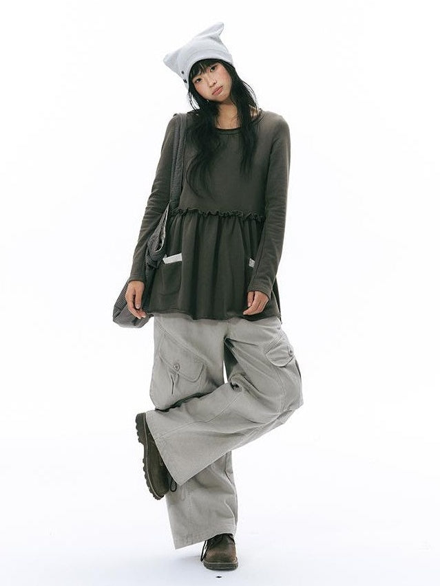 NAPSNAPS Rolled Edge Raw Hem Long Sleeve Round Neck Women&