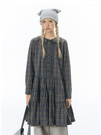 NAPSNAPS Plaid Doll Collar Ruffled Long Sleeve Women&