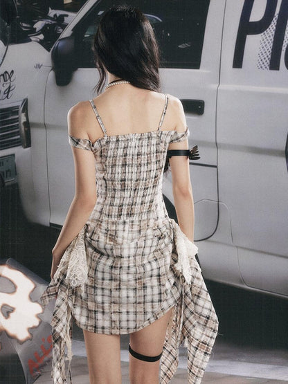 ALL iN plan Plaid Lace Splice Ribbon Asymmetric V-neck Women&