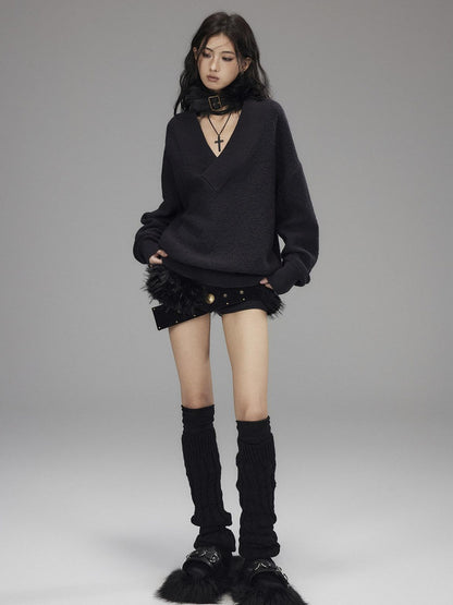 Low pixel Knitted Wool Blend Loose Street Style Women Two Piece Set Navy Mini Shorts