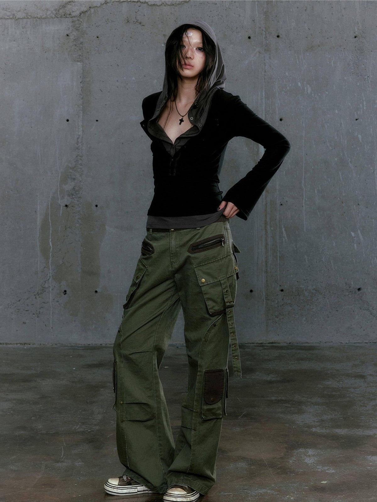 Cest Nous Gray Green Patchwork Layered Faux Two Piece Punk Women&