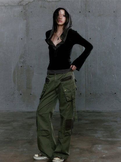Cest Nous Gray Green Patchwork Layered Faux Two Piece Punk Women&