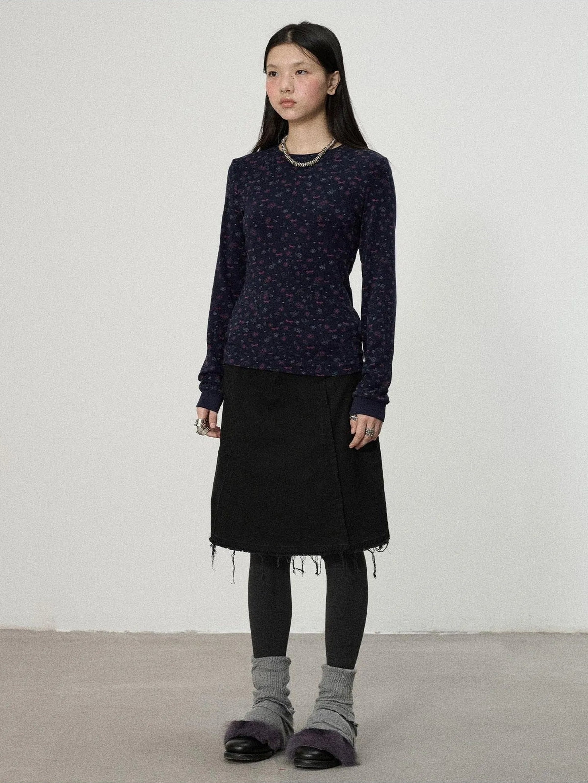 Achihara Two Piece Knit Set With Floral Print V-neck T-shirt Long Sleeve