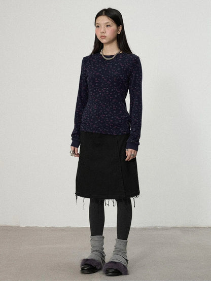 Achihara Two Piece Knit Set With Floral Print V-neck T-shirt Long Sleeve