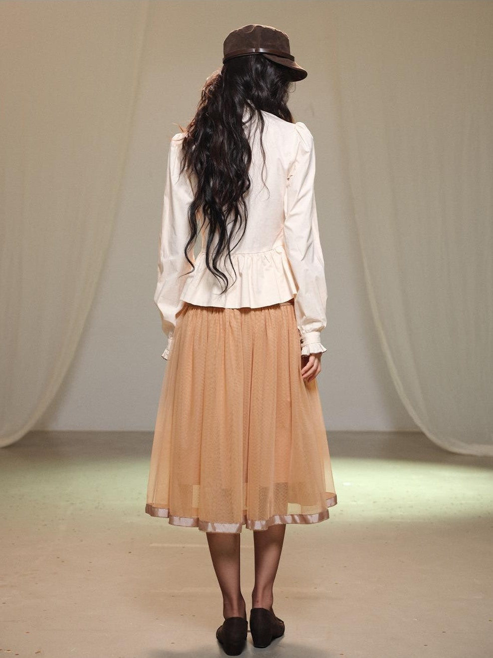 lvetong Beige Bubble Sleeve Ruffle Trim Splice Cinched Waist Women&