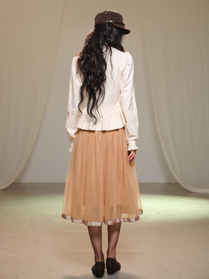 lvetong Beige Bubble Sleeve Ruffle Trim Splice Cinched Waist Women&