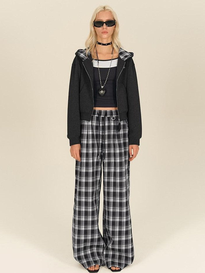 AFTADAWN Gray Plaid Patchwork Double Zipper Women&