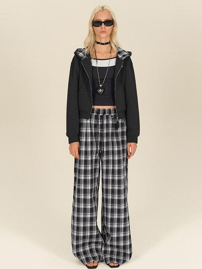 AFTADAWN Gray Plaid Patchwork Double Zipper Women&