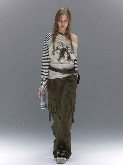 Cest Nous Distressed Multi Pocket Dual Waist Contrast Military Women&