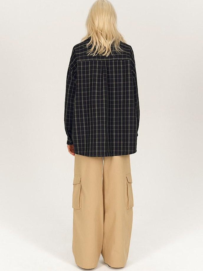 AFTADAWN Soft Textured Plaid Patchwork Collared Loose Women&