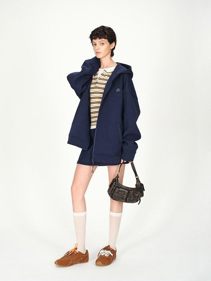 AFTADAWN Blue Hooded Zip A Line Solid Loose Women&