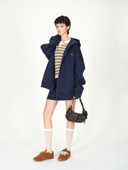 AFTADAWN Blue Hooded Zip A Line Solid Loose Women&