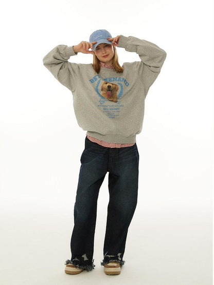 BETWEENAND Gray Tongue Out Puppy Motif Loose Fit Women&