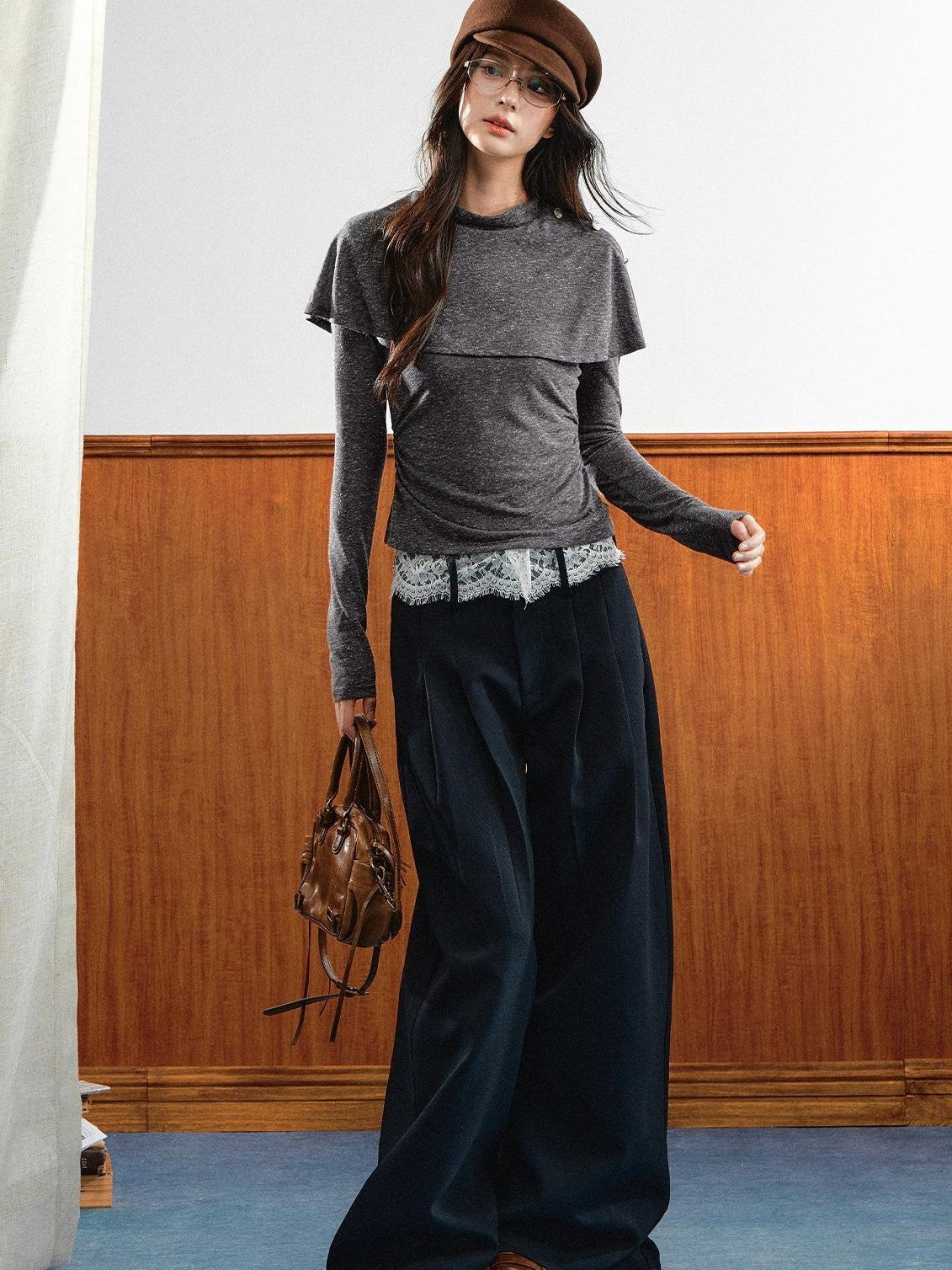 7Shiftin Double Collar Shirred Shoulder Women&
