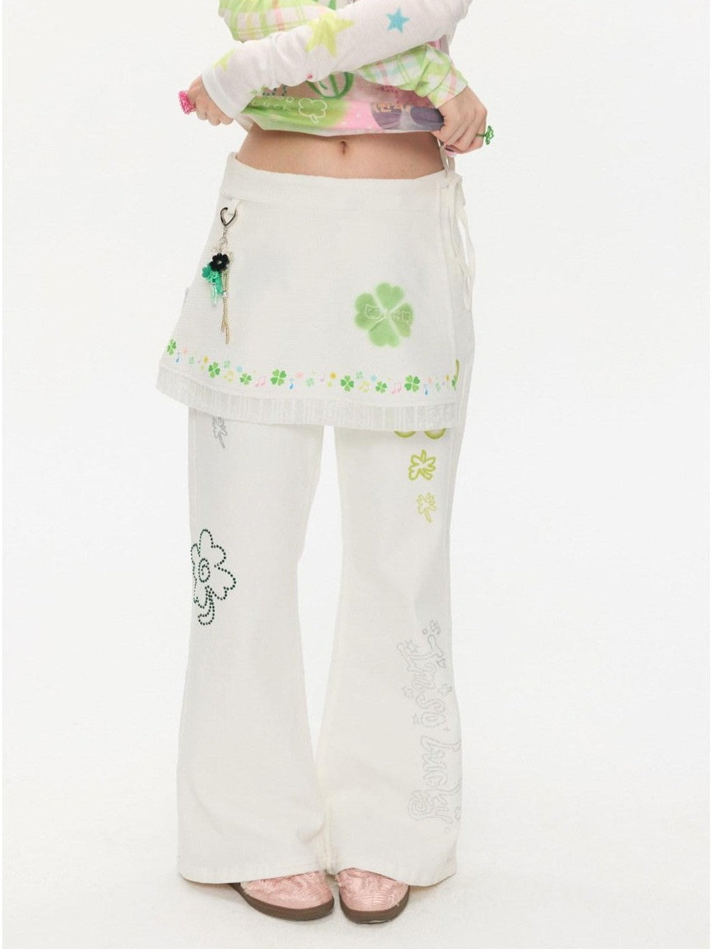 BETWEENAND White Clover Print Tie Strap Layered Mesh Women&