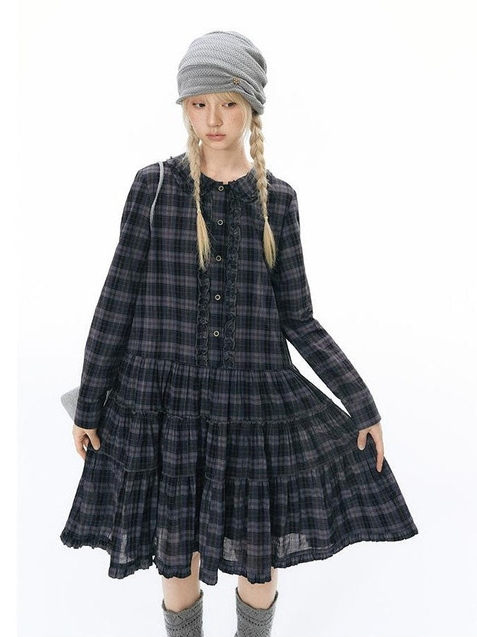 NAPSNAPS Plaid Doll Collar Ruffled Long Sleeve Women&
