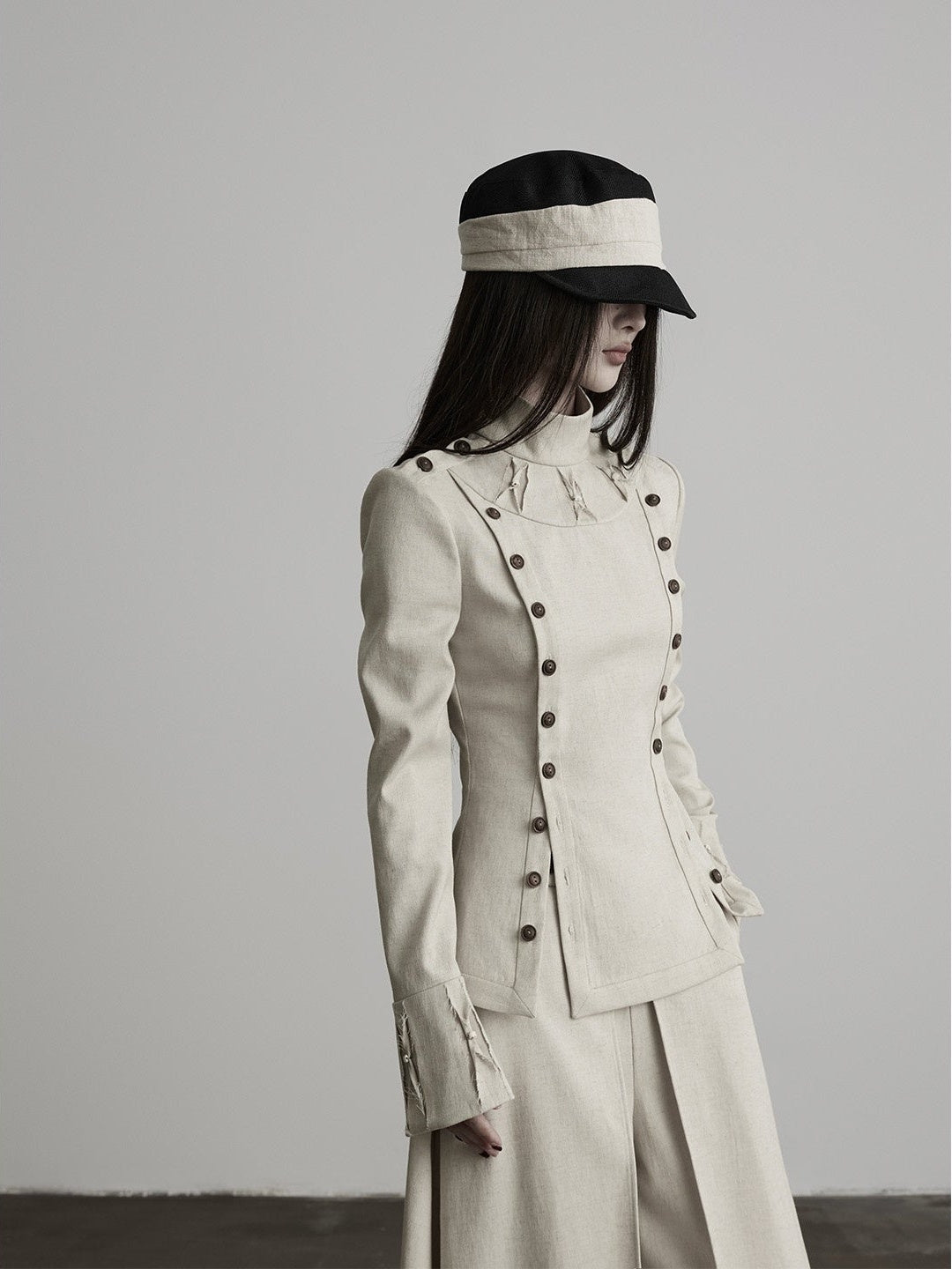 INDULGE_Double_Breasted_Stand_Collar_Slim_Fit_Long_Sleeve_Women&