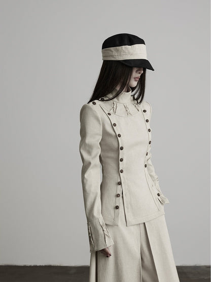 INDULGE_Double_Breasted_Stand_Collar_Slim_Fit_Long_Sleeve_Women&