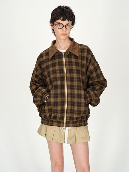 AFTADAWN Contrast Leather Collar Embroidered Reversible Plaid Women&
