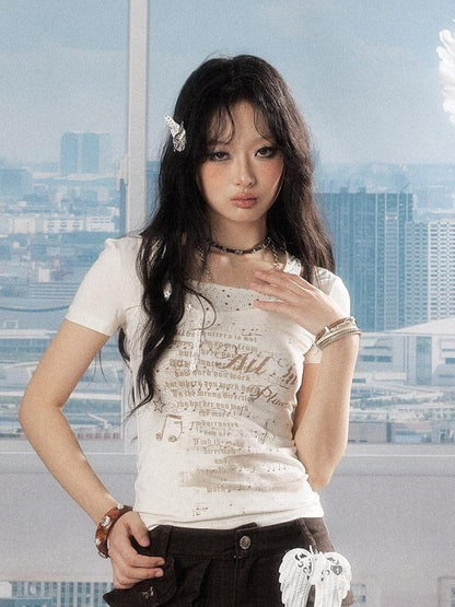 ALL iN plan Soft Lyocell Casual Round Neck A Line Sleeve Women Letter Print Offwhite Tshirt