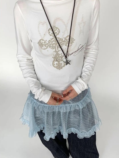 atrandom Lace Mesh Polka Dot Ruffle Elastic Waist Layered Skirt