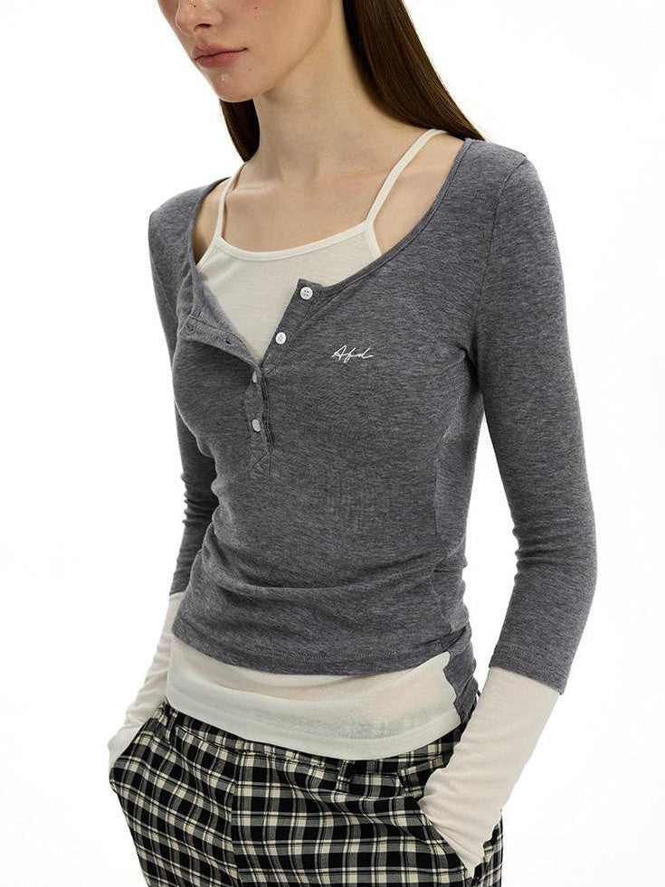 AFTADAWN Colorblock Faux Two Piece Henley Women&