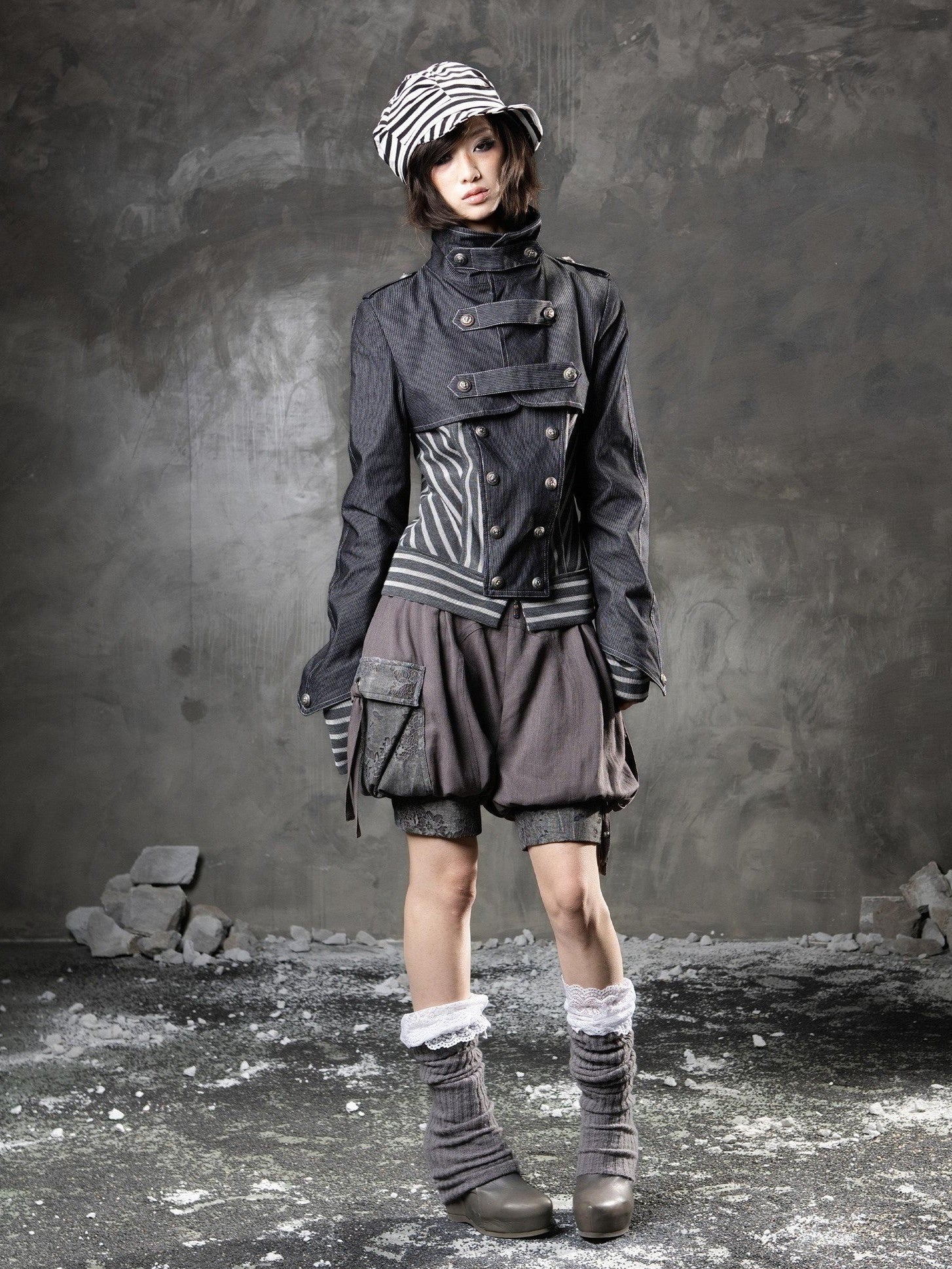 ARIADNAw Denim Blue Asymmetrical Striped Patchwork Original Design Women&