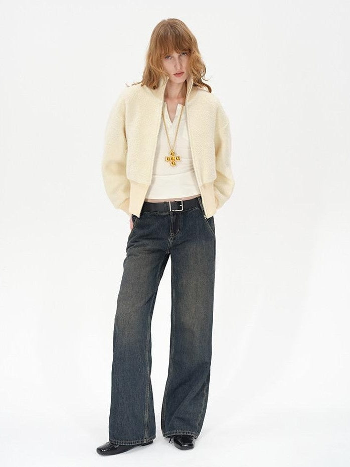 AFTADAWN Ivory Ribbed Knit Zip Stand Collar Women&