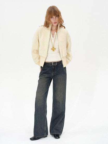 AFTADAWN Ivory Ribbed Knit Zip Stand Collar Women&