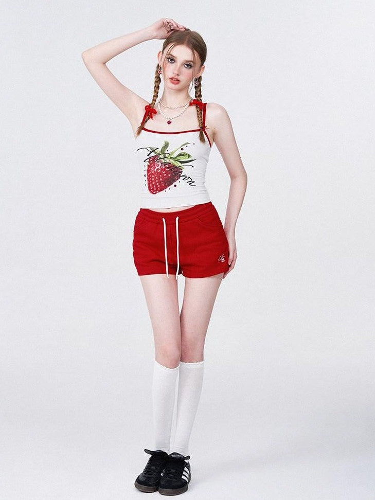 AFTADAWN Strawberry Print Cropped Slim Women&