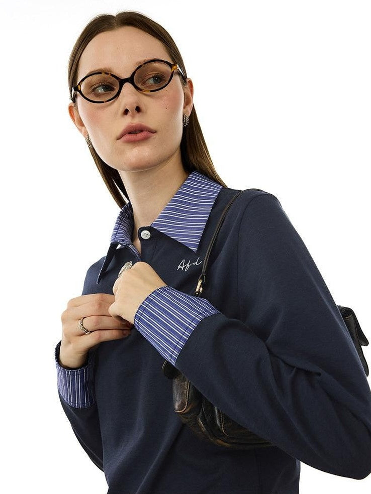 AFTADAWN Colorblock Faux Two Piece Polo Collar Striped Women&