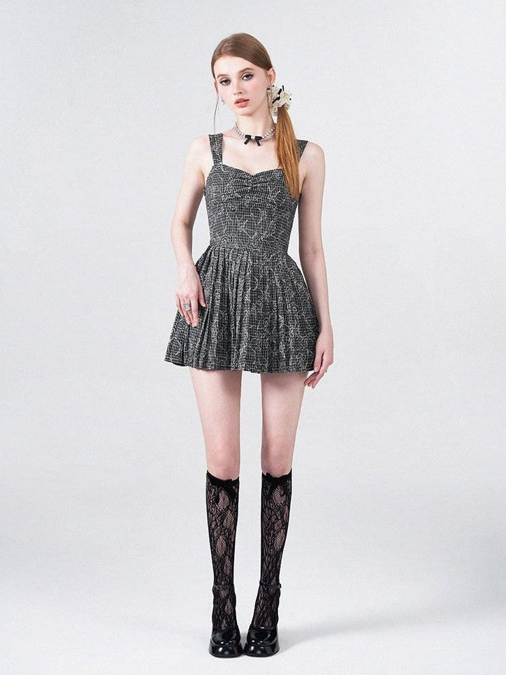 AFTADAWN Black White Check Rose Embroidery Pleated Women&
