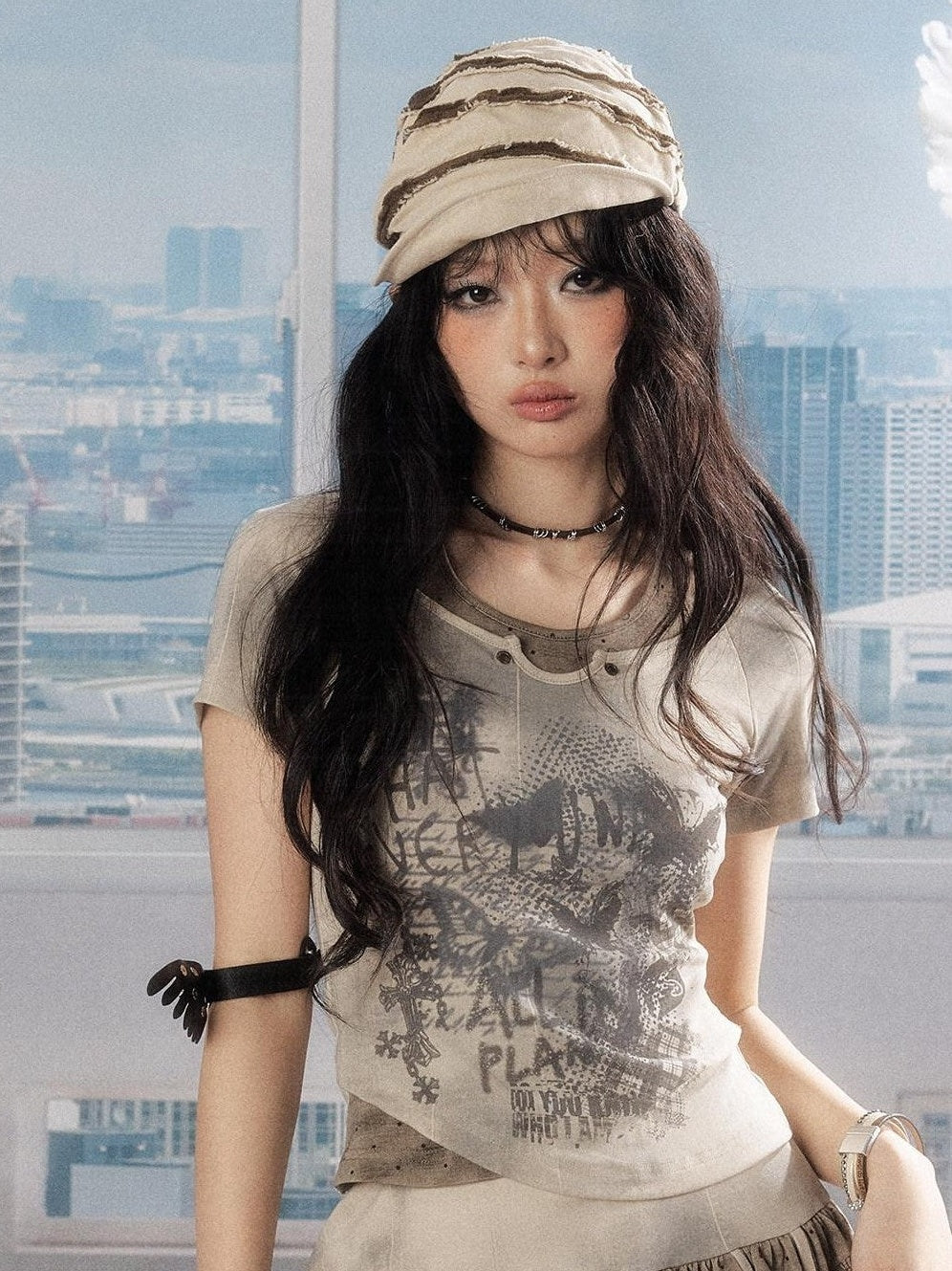 ALL iN plan Slim Fit Khaki Printed Cropped Casual Round Neck Women Short Sleeve T-Shirts