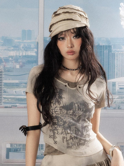 ALL iN plan Slim Fit Khaki Printed Cropped Casual Round Neck Women Short Sleeve T-Shirts