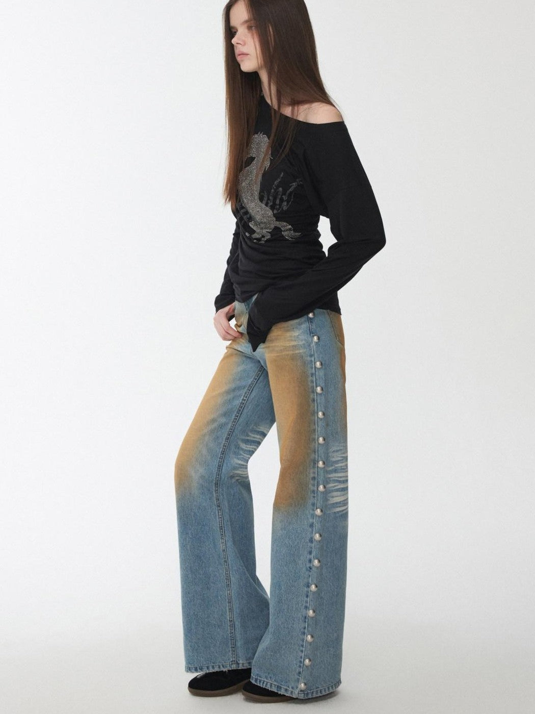 1JINN STUDIO Mud Dyed Washed Distressed Studded Women&
