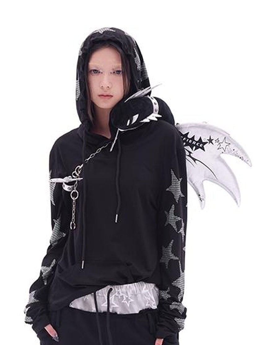 CFIERCE Five Pointed Star Rhinestone Hooded Long Sleeve Top