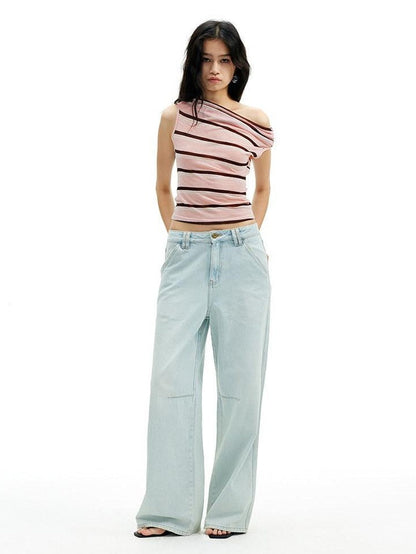 AFTADAWN Sheer Pleated Wide Stripe Multiway Off Shoulder Women&