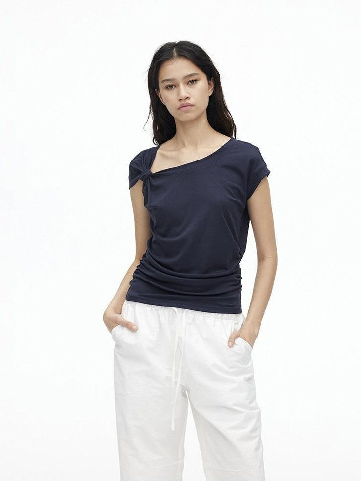 AFTADAWN Dark Blue Knotted Slanted Shoulder Slim Fit Women&