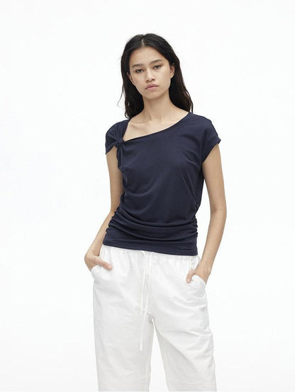 AFTADAWN Dark Blue Knotted Slanted Shoulder Slim Fit Women&