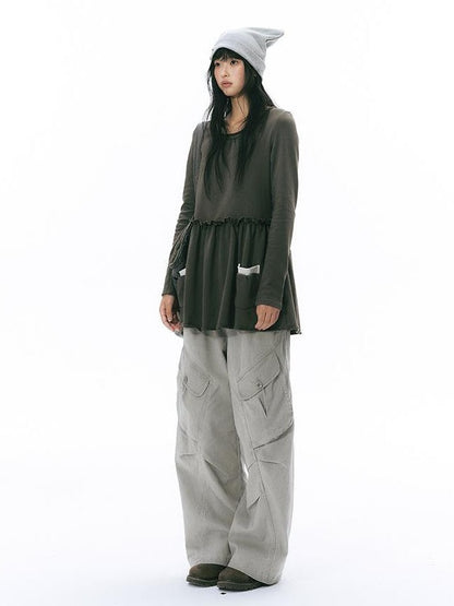 NAPSNAPS Rolled Edge Raw Hem Long Sleeve Round Neck Women&