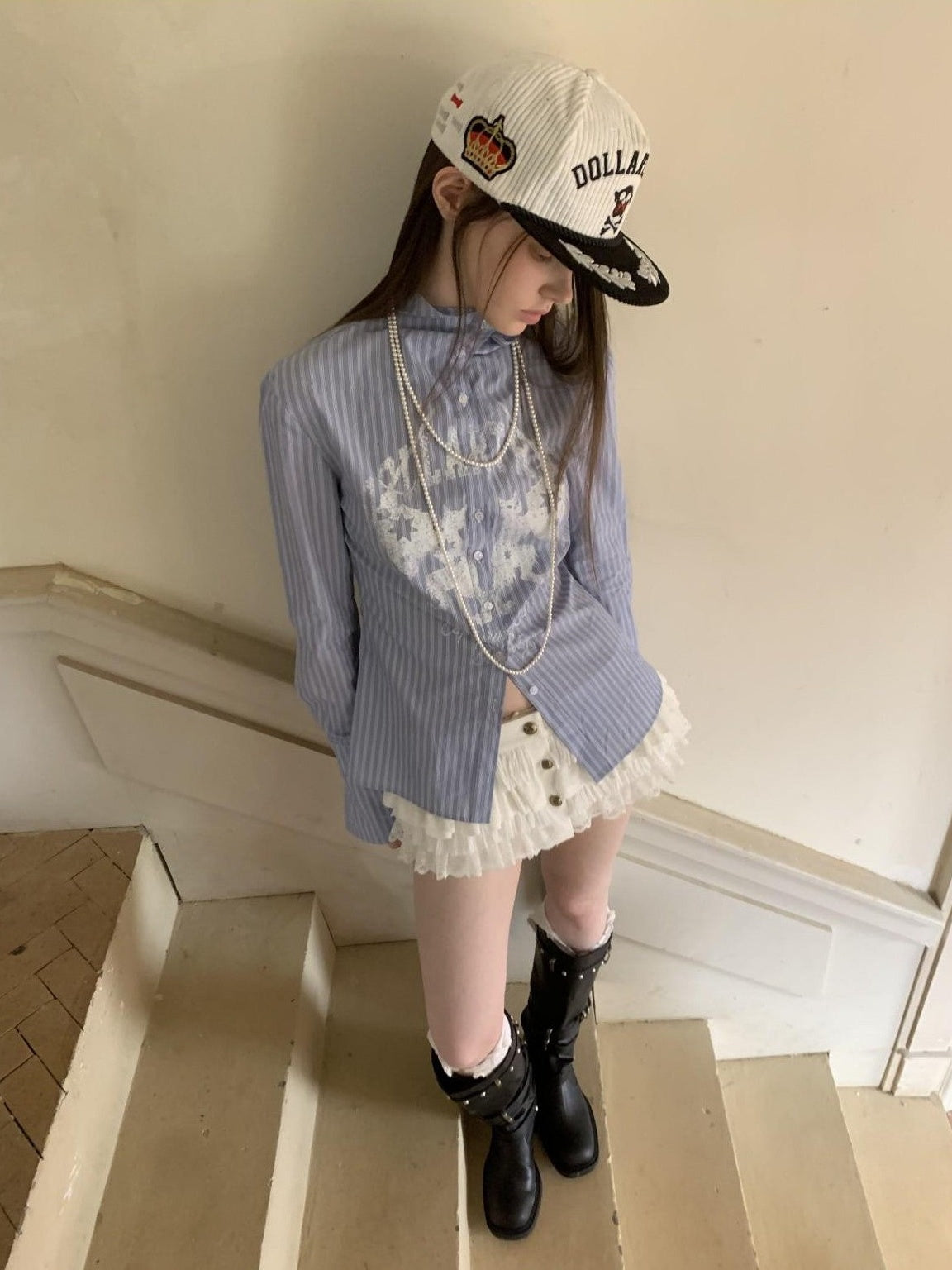 1JINN STUDIO Black White Embroidered Flat Brim Women&