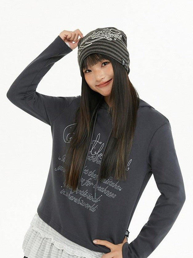 atrandom Dark Gray Air Layer Letter Print Drawstring Hooded Women&