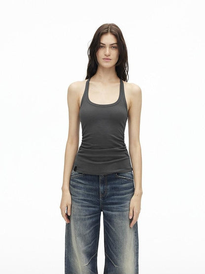 AFTADAWN Cropped Backless Beaded Ruched U Neck Slim Women&
