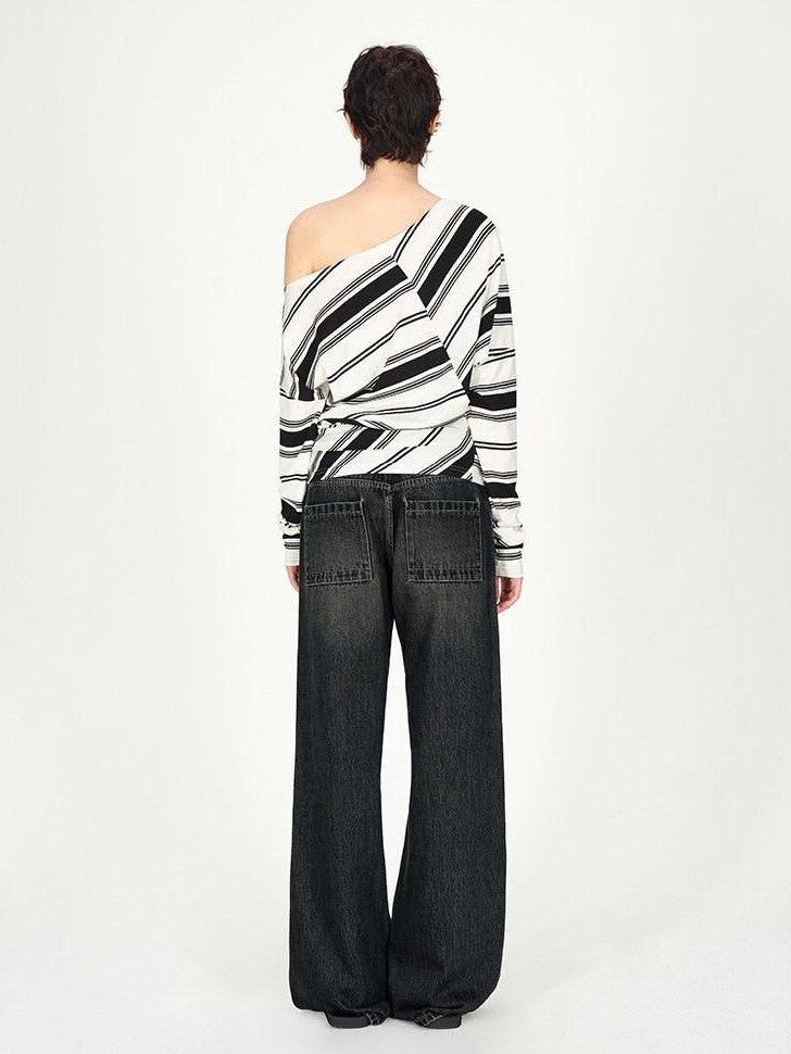 AFTADAWN Striped Asymmetric Off Shoulder Women&