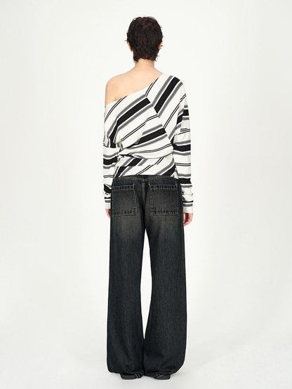 AFTADAWN Striped Asymmetric Off Shoulder Women&